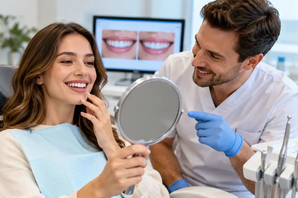 Pacjentka ogląda swój uśmiech w&nbsp;lusterku podczas konsultacji estetycznej ze stomatologiem w&nbsp;Dental-Med Lublin