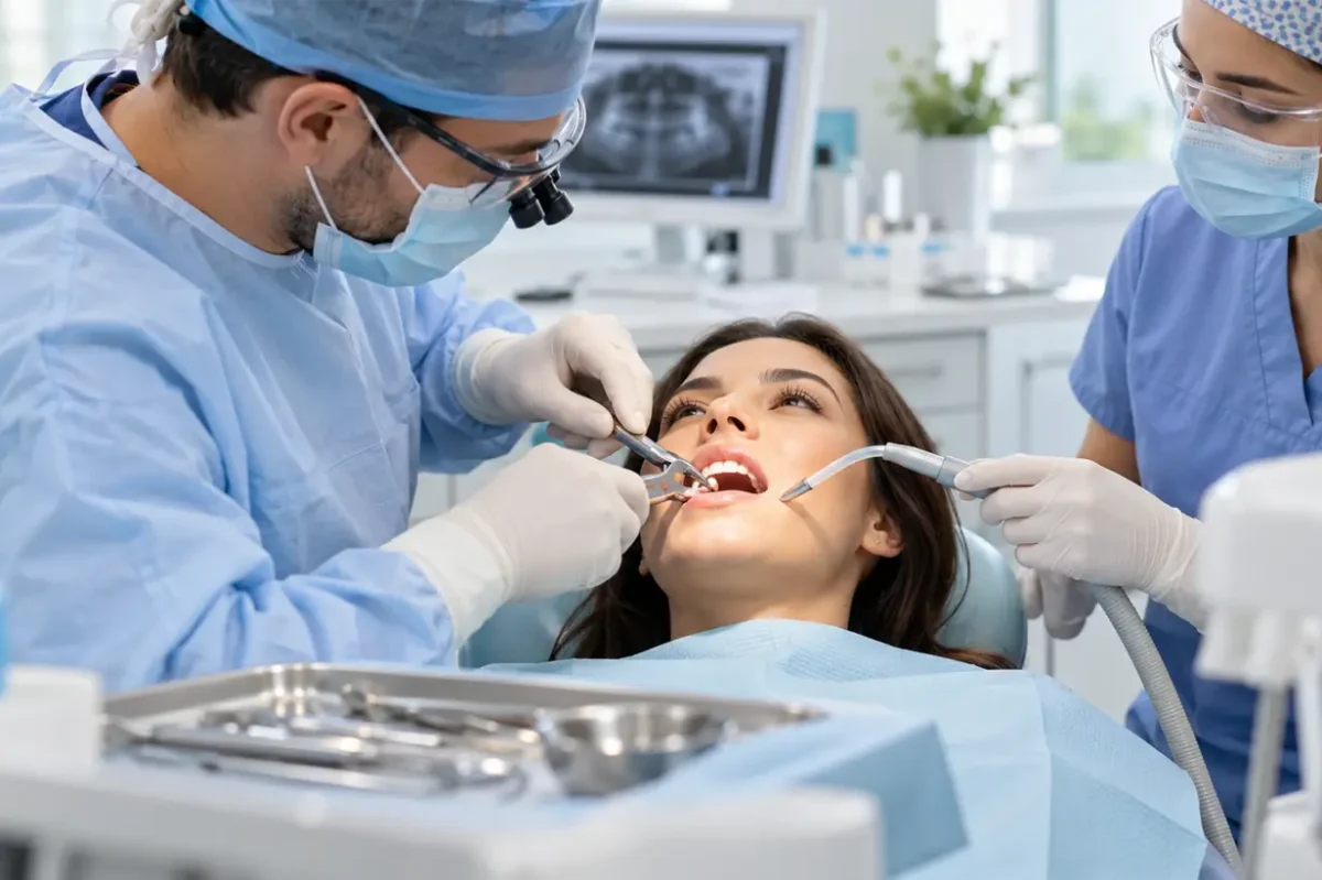 Stomatolog i asystentka podczas zabiegu chirurgicznego w jamie ustnej pacjentki na fotelu dentystycznym w Dental-Med Lublin